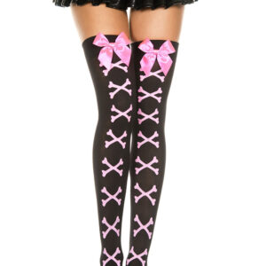 Cross Bone and Satin Bow Opaque Thigh Hi - One Size - Black / Pink