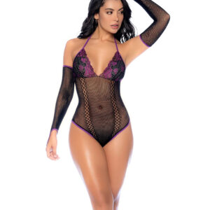 Whispered Lace Fishnet Bodysuit - Os - Black/purple