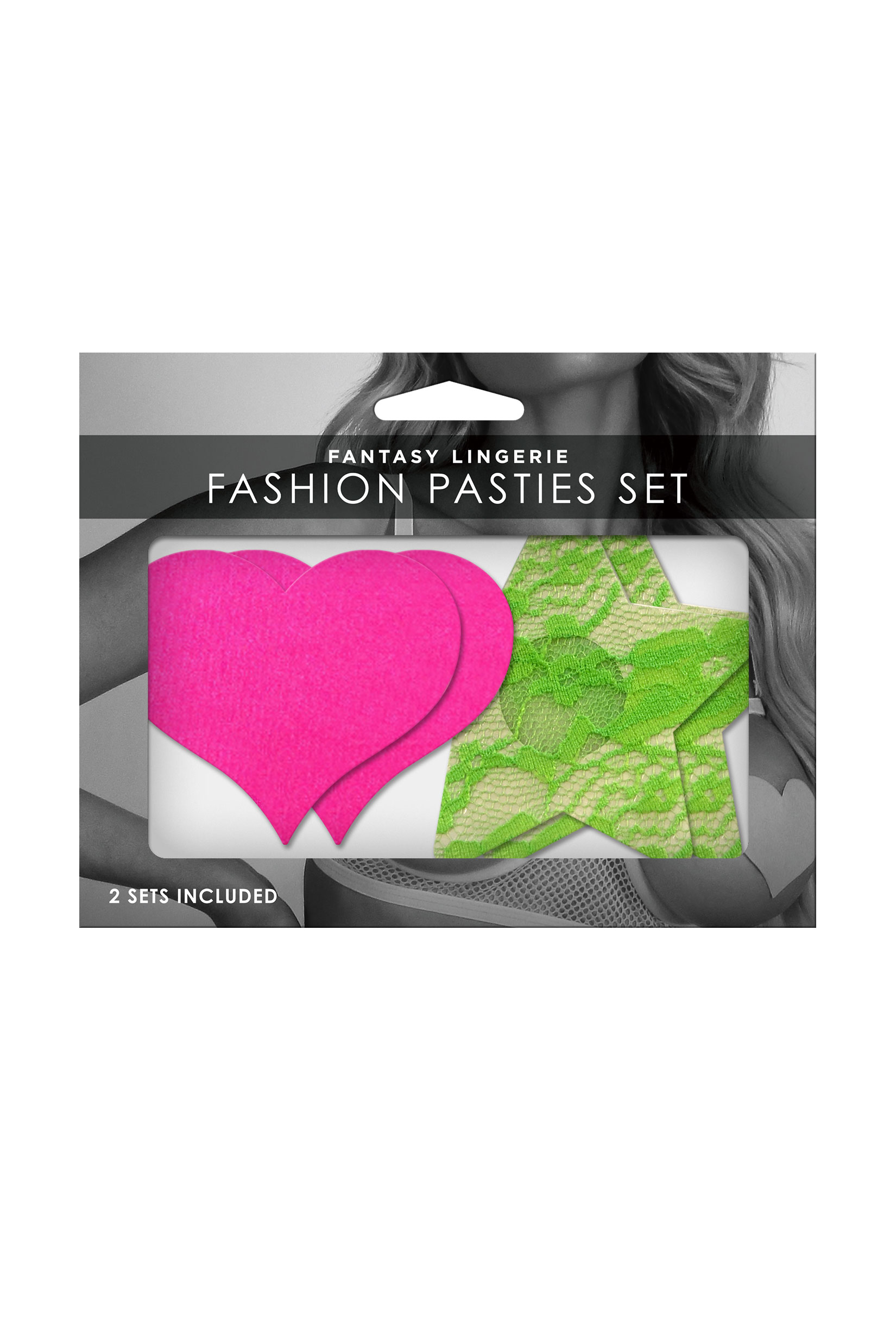 Fashion Pasties Set - Neon Pink Satin Heart and Neon Green Lace Star