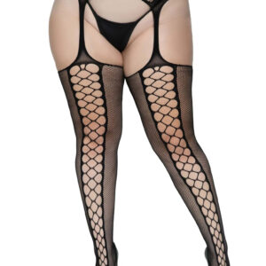 Faux Lace Up Dual Net Backseam Stockings With Attached Garter Belt - 1x/2x - Black