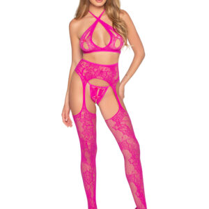 3 Pc Lace Open Cup Cross-Over Bra Top, Crotchless Panty, and Garter Belt Stockings - Os - Magenta
