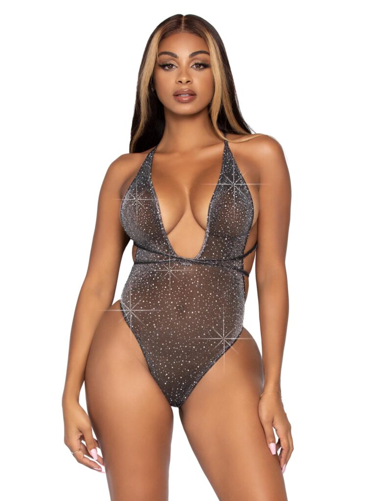 Convertible Lurex Rhinestone Teddy - One Size - Black Silver