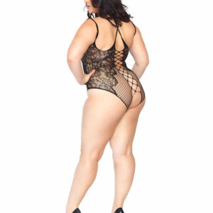 Net Lace Crotchless Teddy With Multi Strap Wrap -  1x/2x - Black