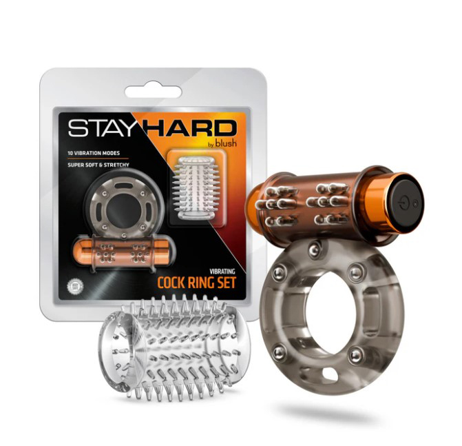 Stay Hard Vibrating Cock Ring Set With Sleeve Textured Sheath