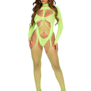 2 Pc Fishnet Suspender Lingerie Jumpsuit and Layered Opaque Teddy O/s - Neon Green